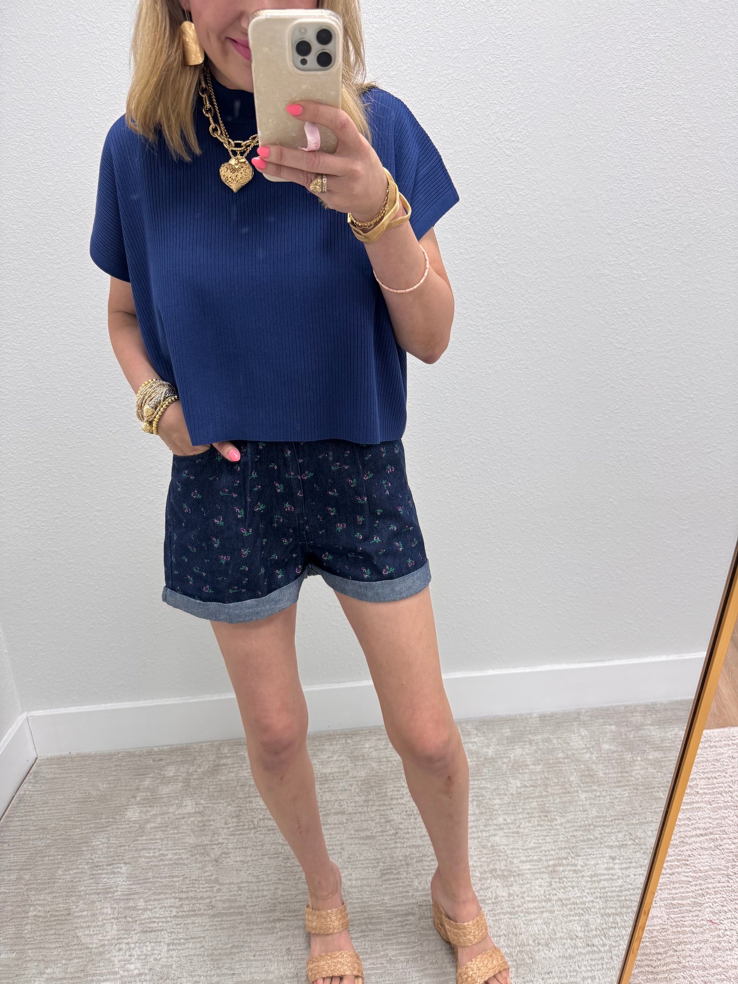 Navy High Neck Ribbed Swing Top