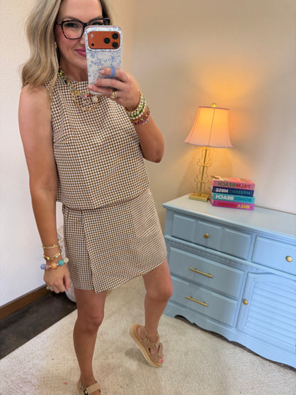 Brown Gingham Checkered Sleeveless Top And Skort Set