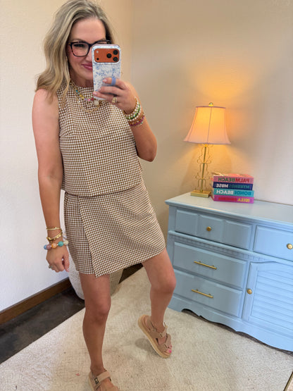 Brown Gingham Checkered Sleeveless Top And Skort Set