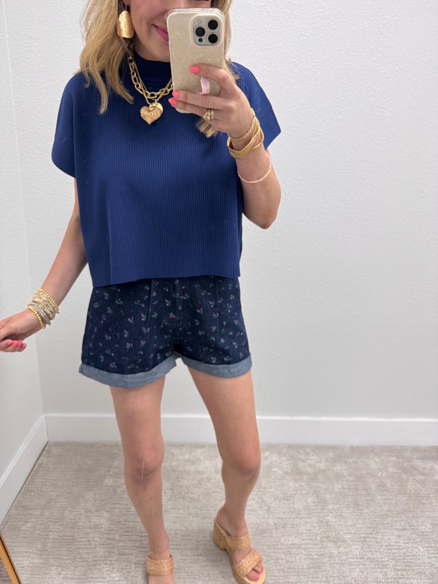 Navy High Neck Ribbed Swing Top