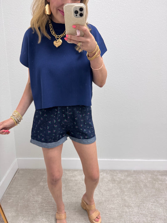 Navy High Neck Ribbed Swing Top