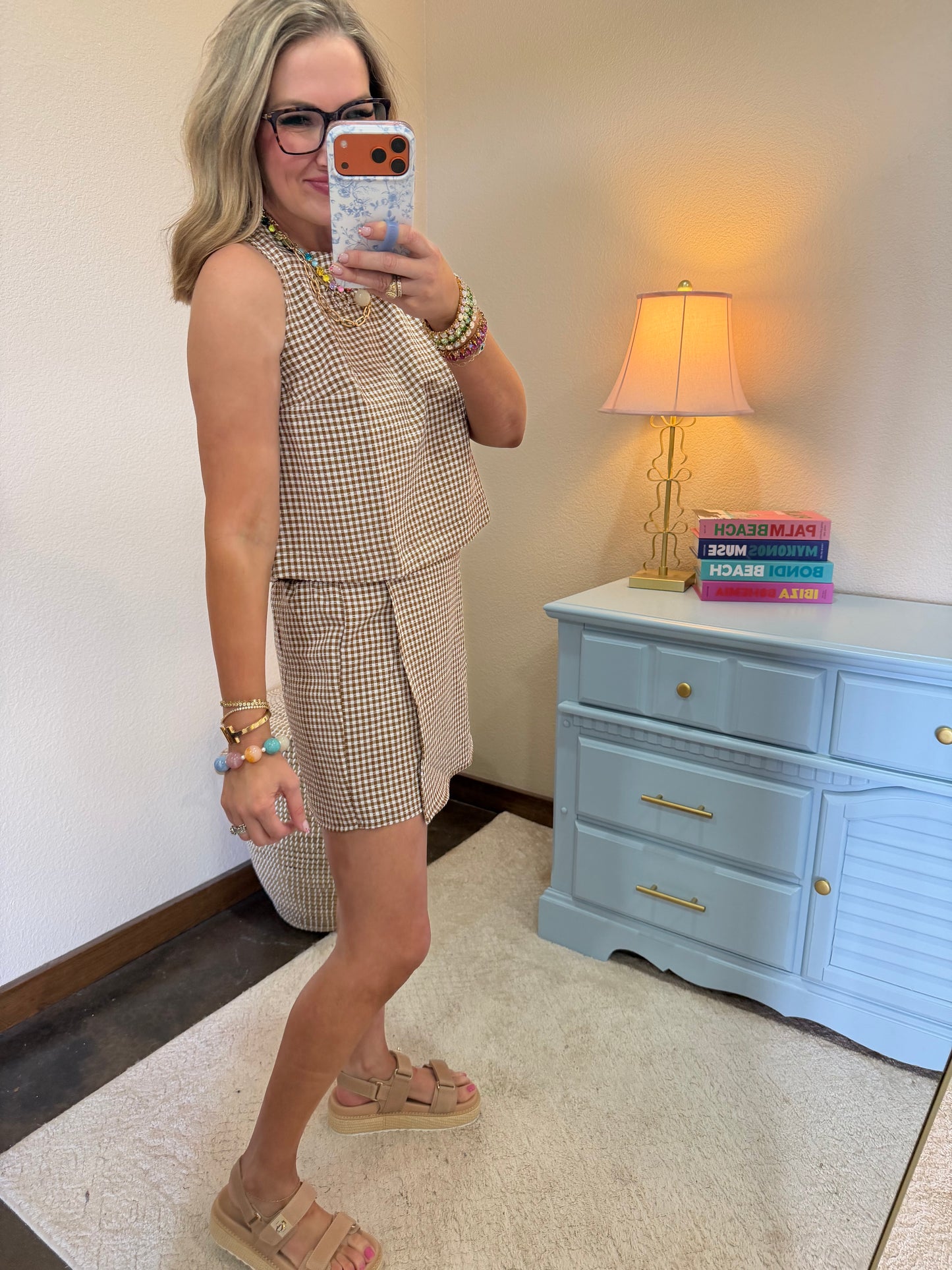 Brown Gingham Checkered Sleeveless Top And Skort Set