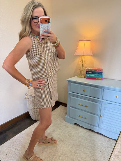 Brown Gingham Checkered Sleeveless Top And Skort Set