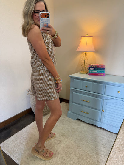 Brown Gingham Checkered Sleeveless Top And Skort Set