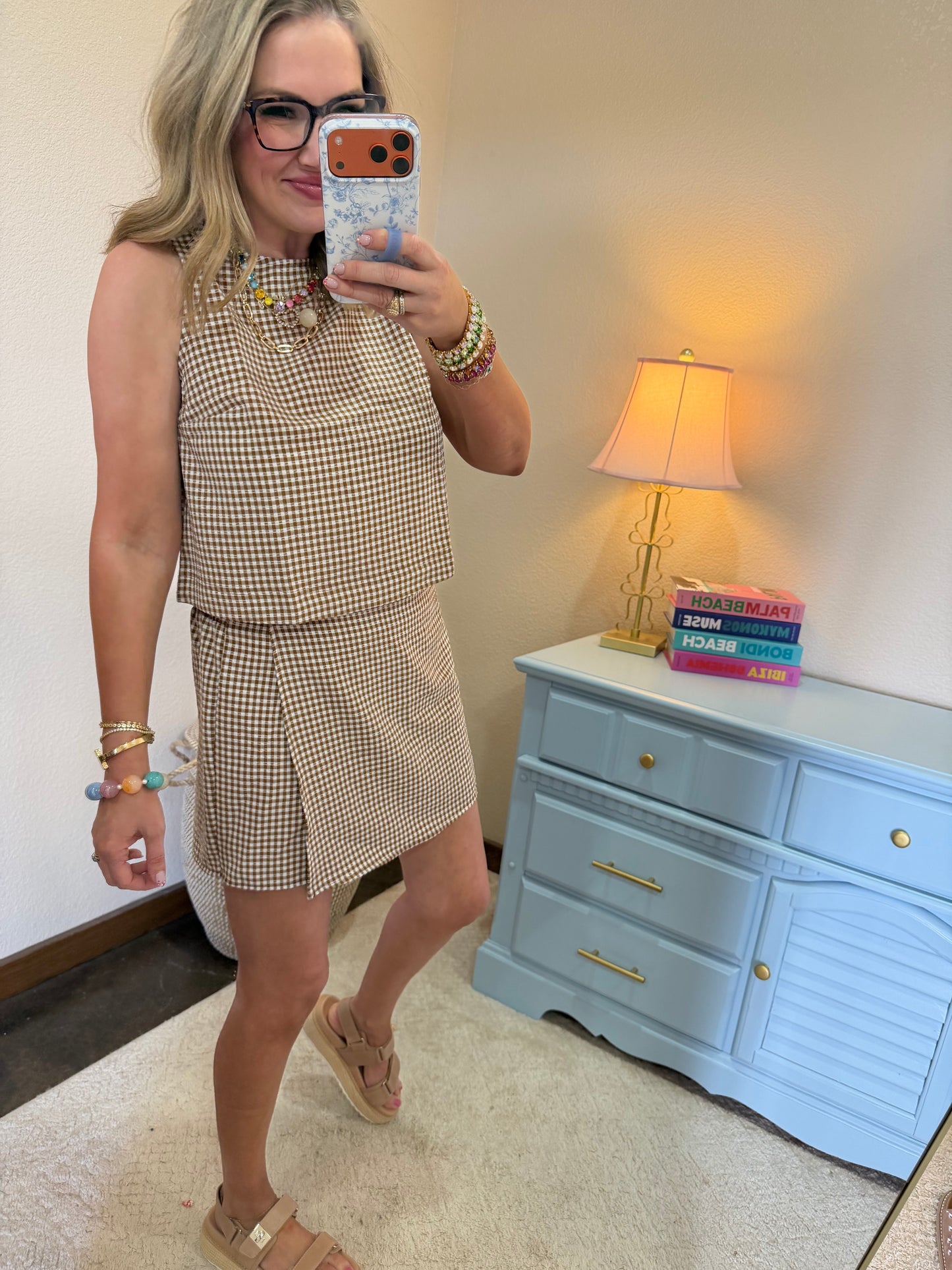 Brown Gingham Checkered Sleeveless Top And Skort Set