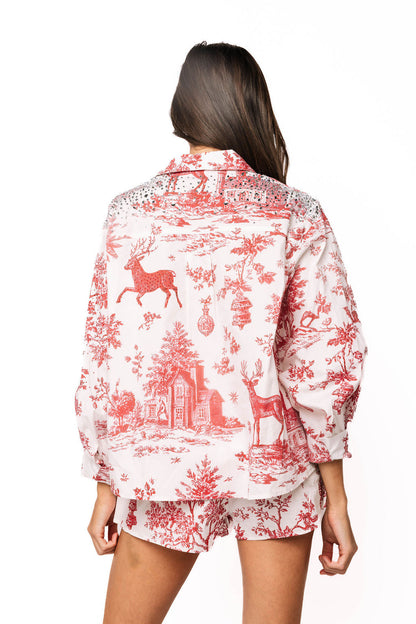 Queen Of Sparkle Red & White Christmas Button Up Top