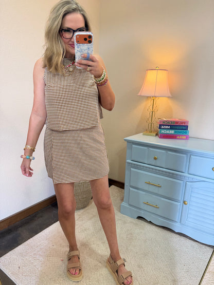 Brown Gingham Checkered Sleeveless Top And Skort Set
