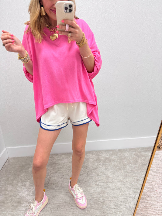 Oversized Pink Solid Asymmetrical Short Sleeve Top