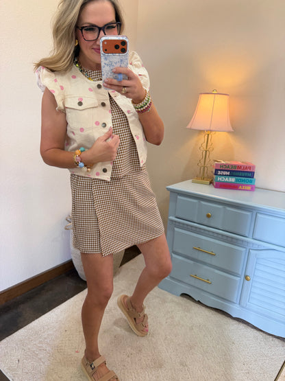 Oatmeal and Pink Polka Dot Denim Vest