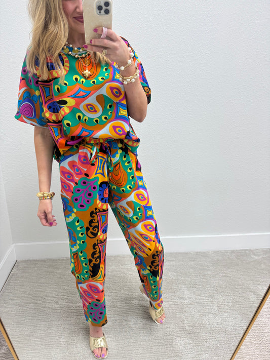Multi Colored Print Two Piece Pant Set