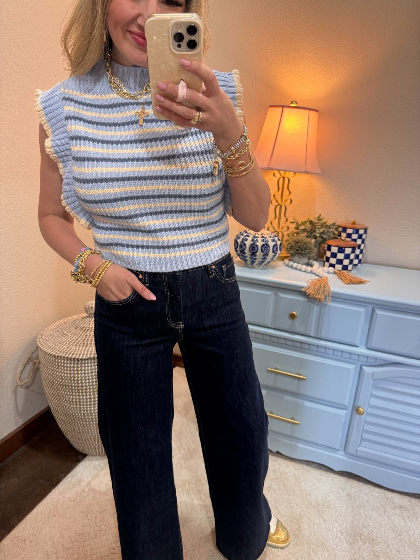 Light Blue Chic Striped Mock Neck Sleeveless Sweater Vest