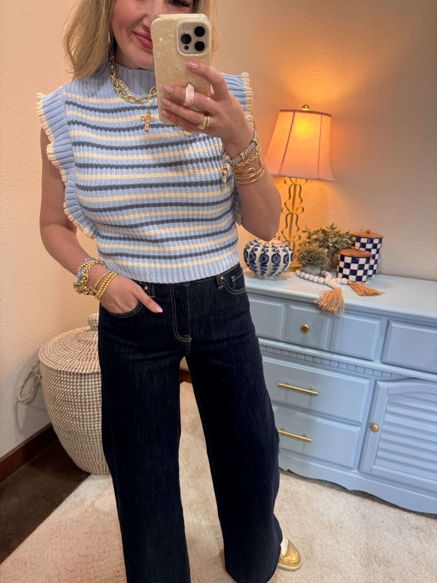 Light Blue Chic Striped Mock Neck Sleeveless Sweater Vest