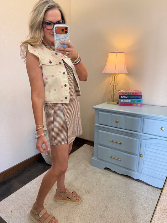 Oatmeal and Pink Polka Dot Denim Vest