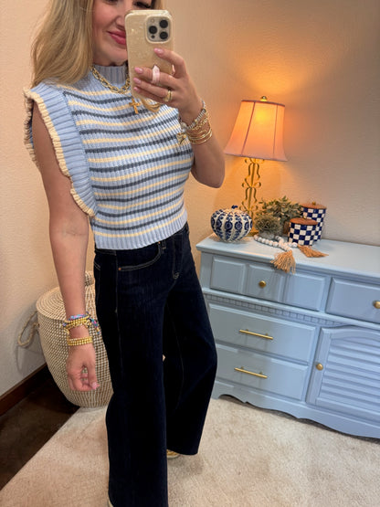 Light Blue Chic Striped Mock Neck Sleeveless Sweater Vest