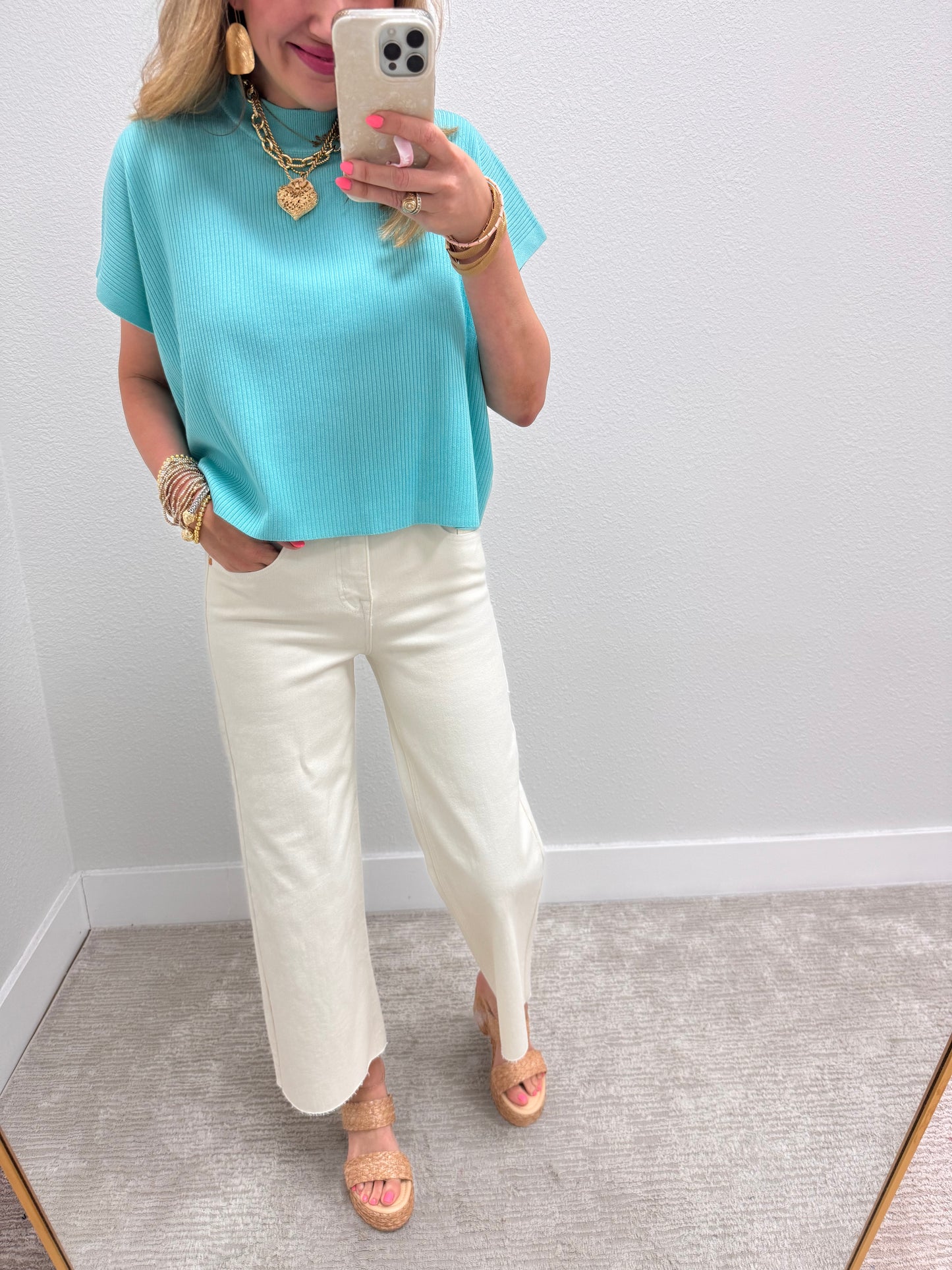 Mint Sky High Neck Ribbed Swing Top