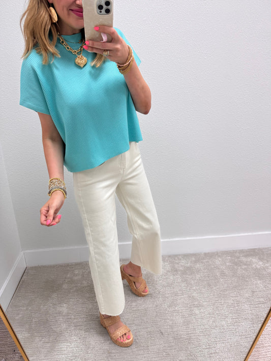 Mint Sky High Neck Ribbed Swing Top