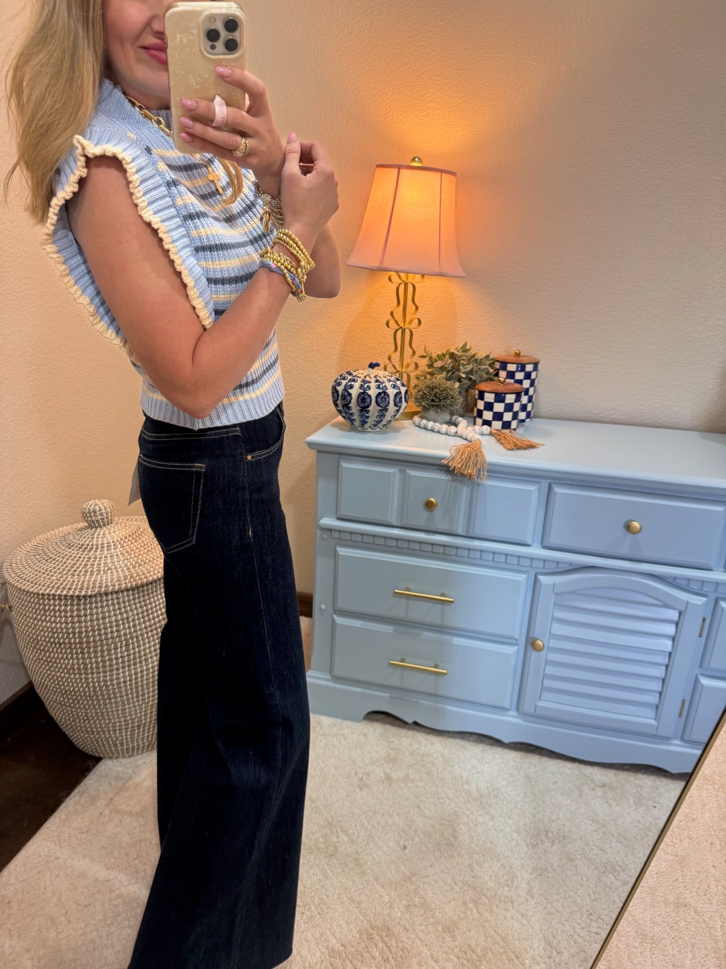 Light Blue Chic Striped Mock Neck Sleeveless Sweater Vest