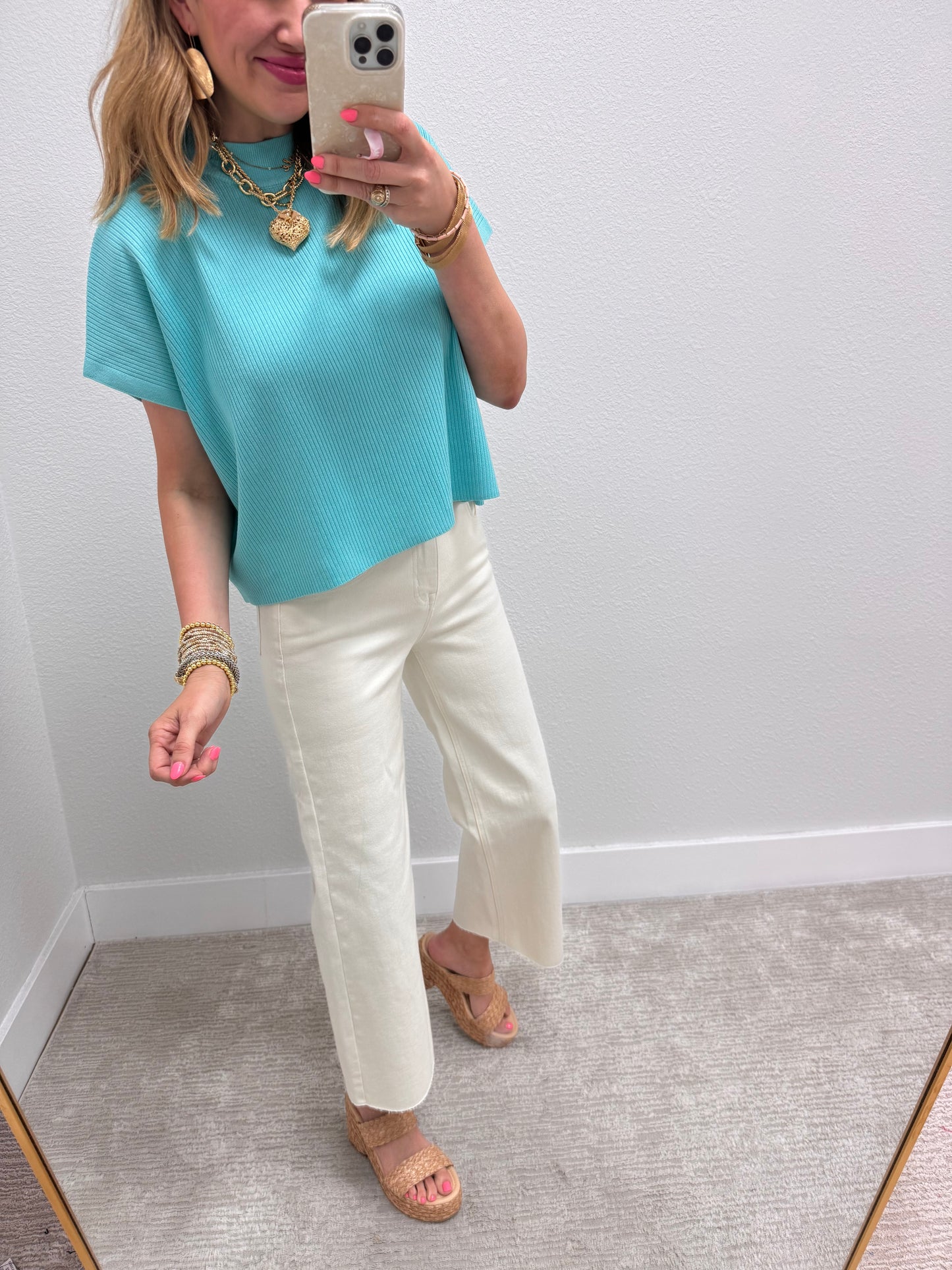 Mint Sky High Neck Ribbed Swing Top