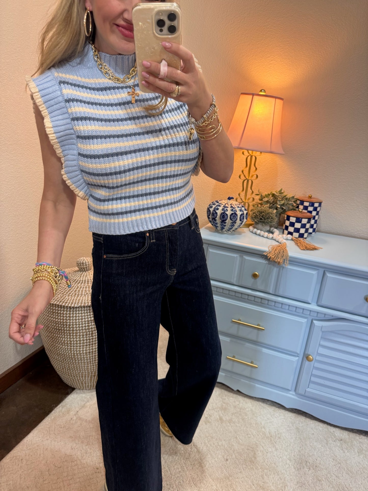 Light Blue Chic Striped Mock Neck Sleeveless Sweater Vest