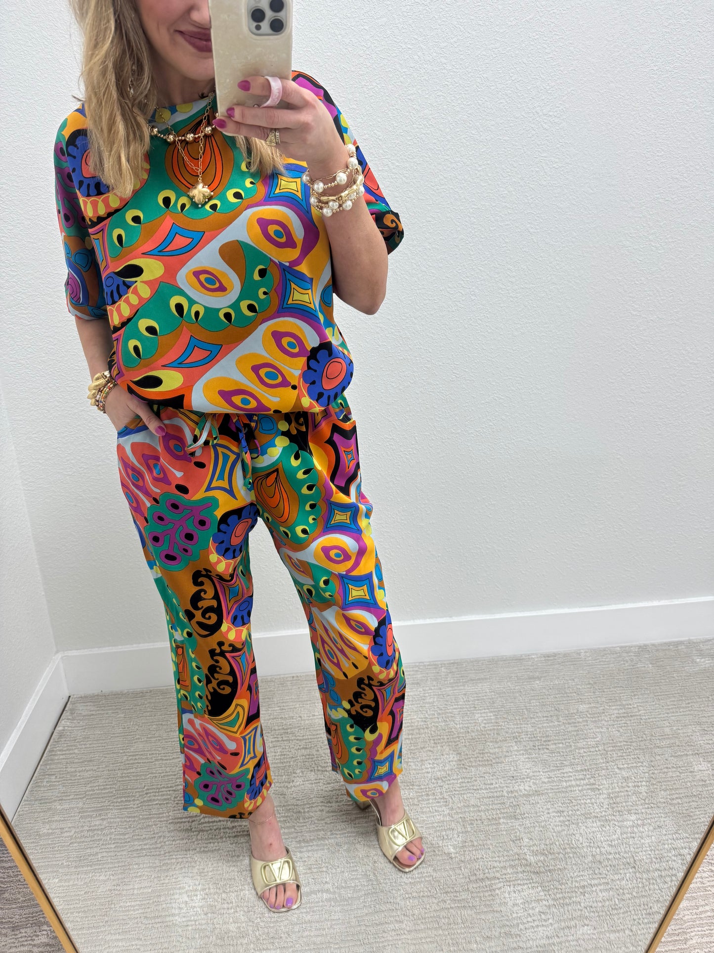 Multi Colored Print Two Piece Pant Set