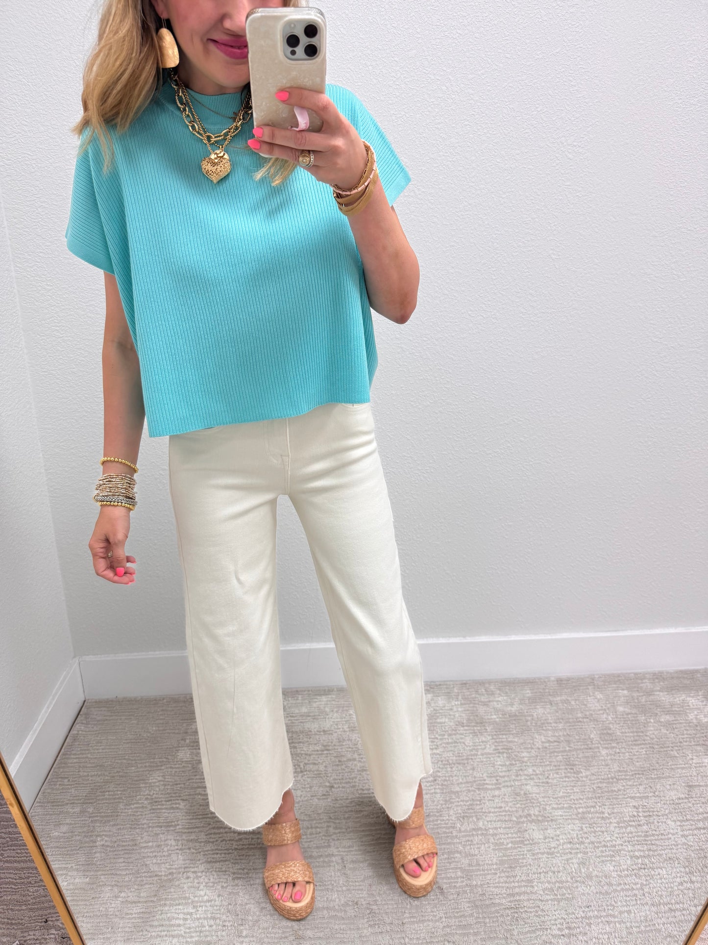 Mint Sky High Neck Ribbed Swing Top