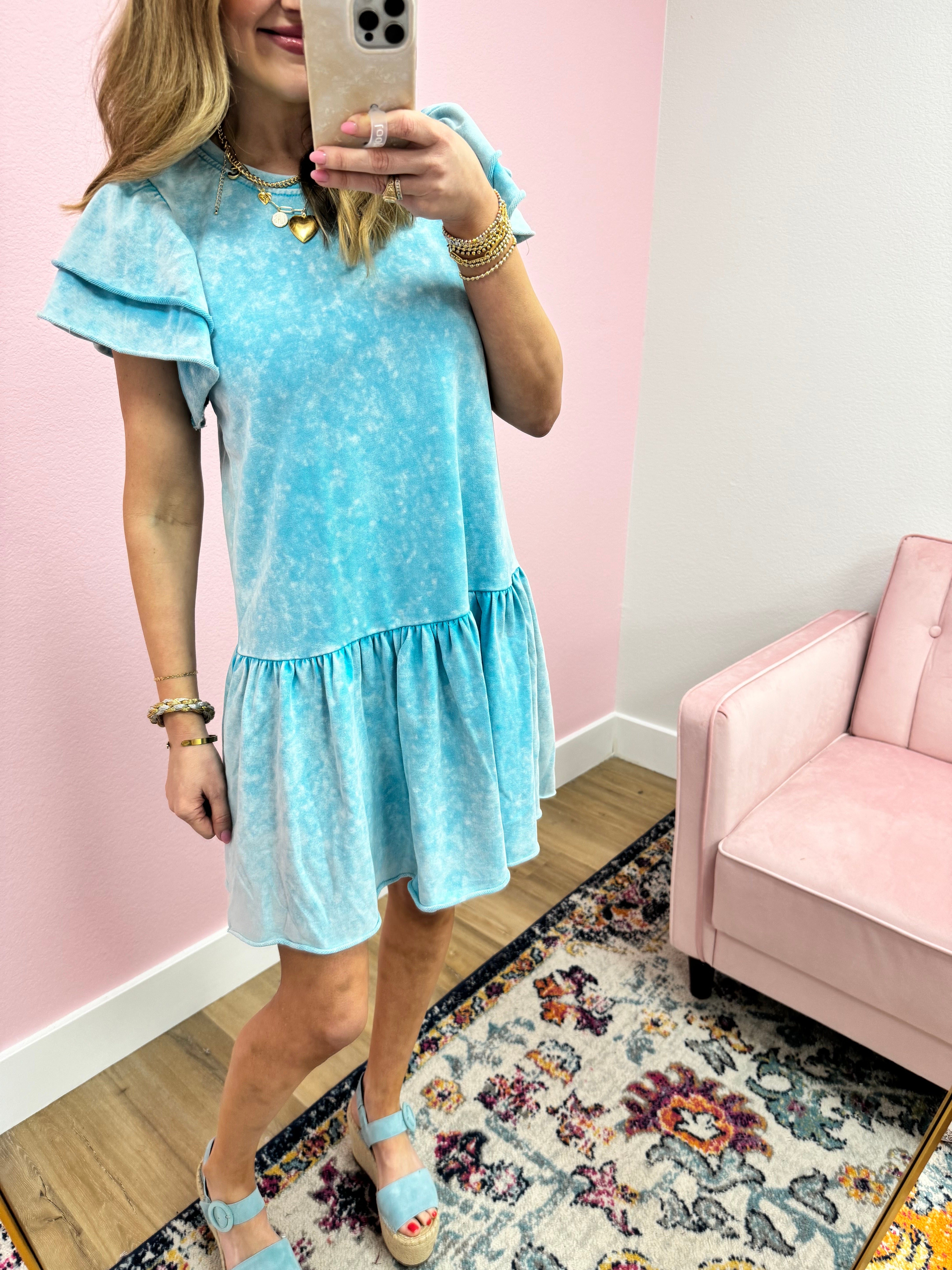 Mint French Terry Ruffle Sleeve Dress