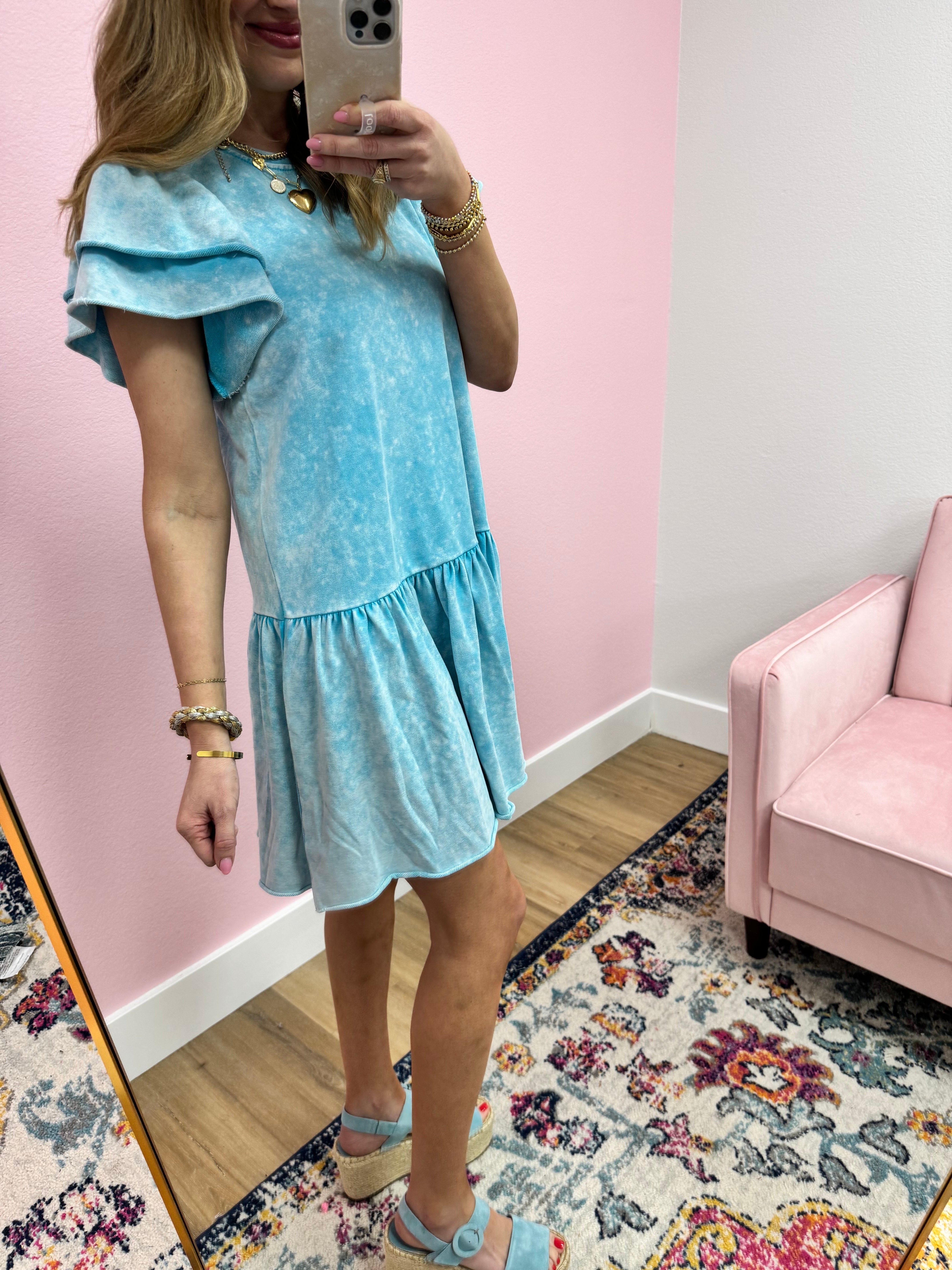 Mint French Terry Ruffle Sleeve Dress