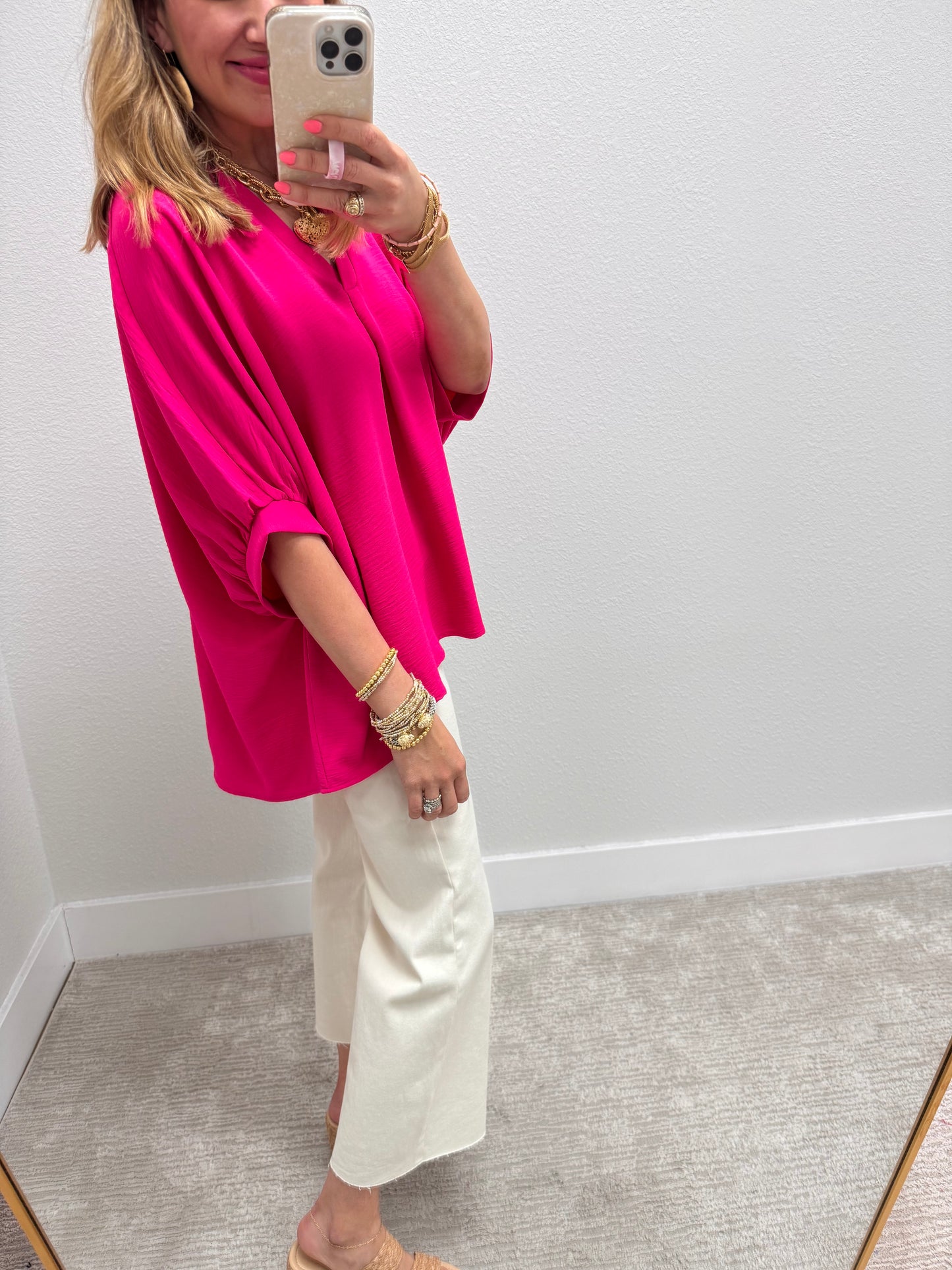 Hot Pink V-neck Dolman Sleeve Top