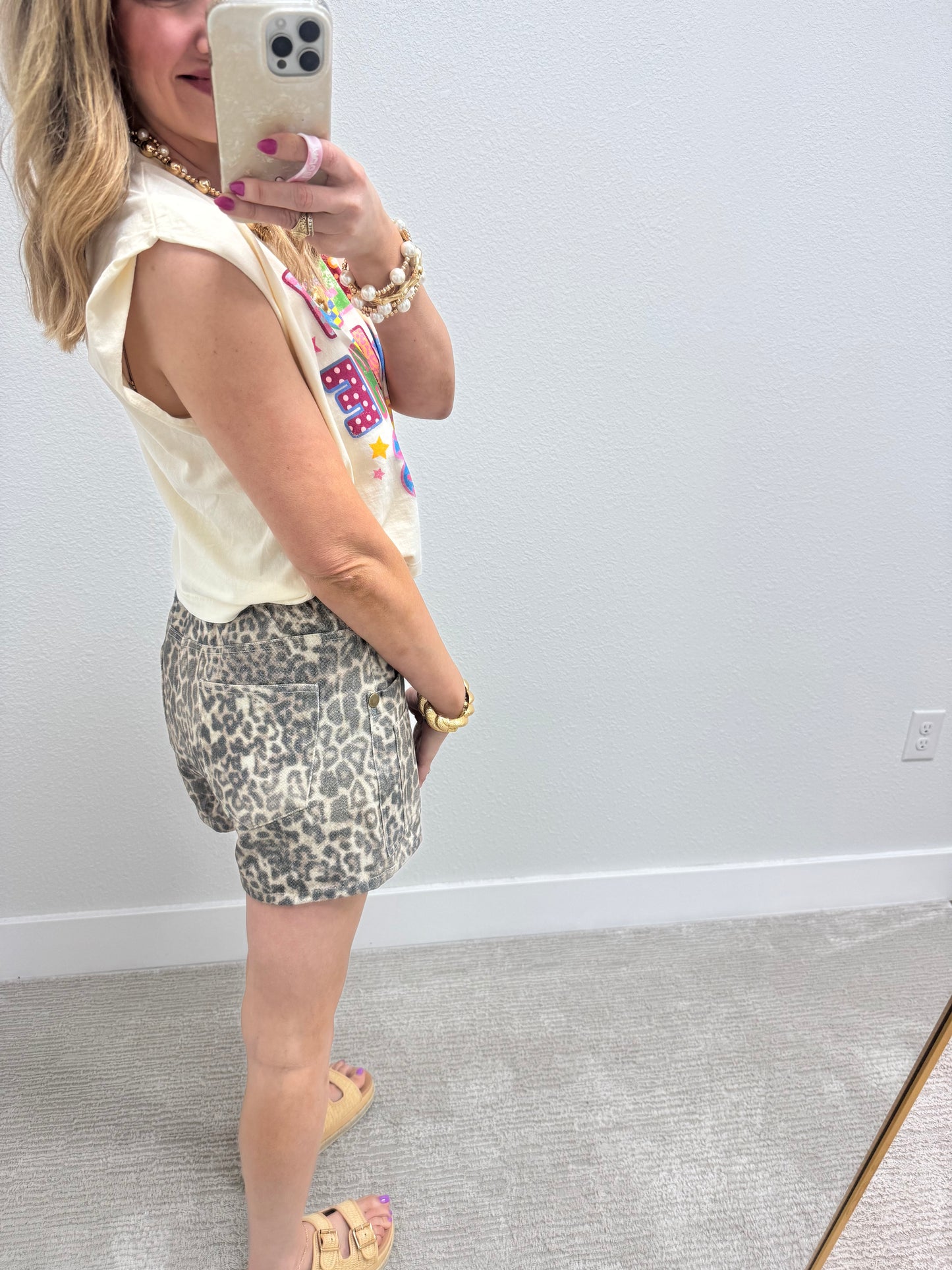 Leopard Double Front Pocket Detail Jean Skort