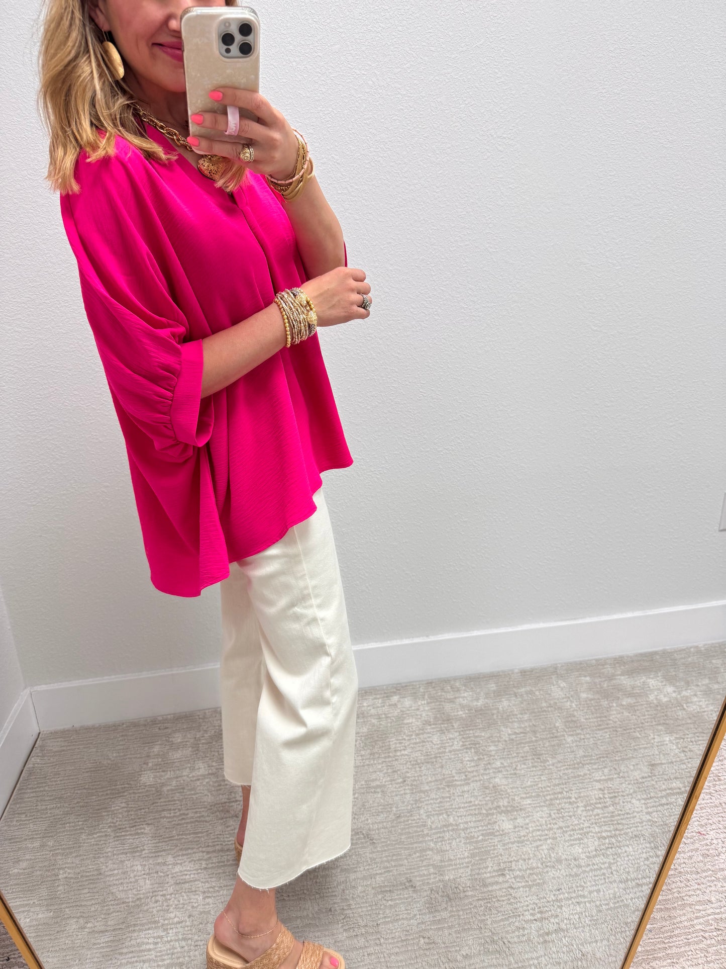 Hot Pink V-neck Dolman Sleeve Top
