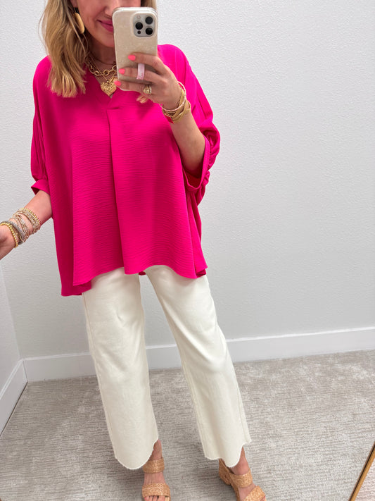 Hot Pink V-neck Dolman Sleeve Top