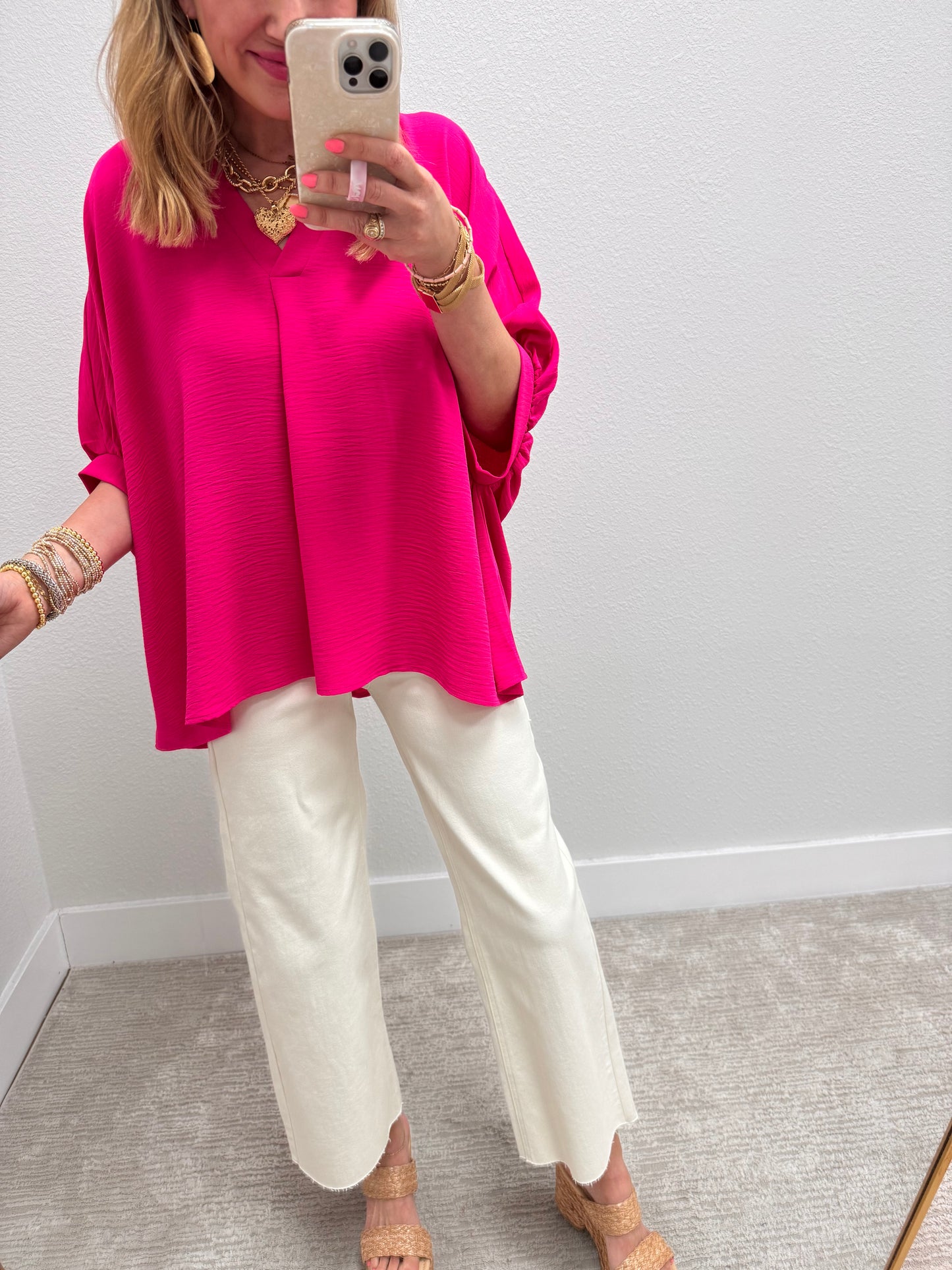 Hot Pink V-neck Dolman Sleeve Top