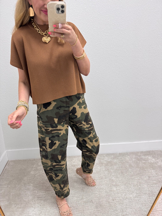 Deep Camel High Neck Ribbed Swing Top