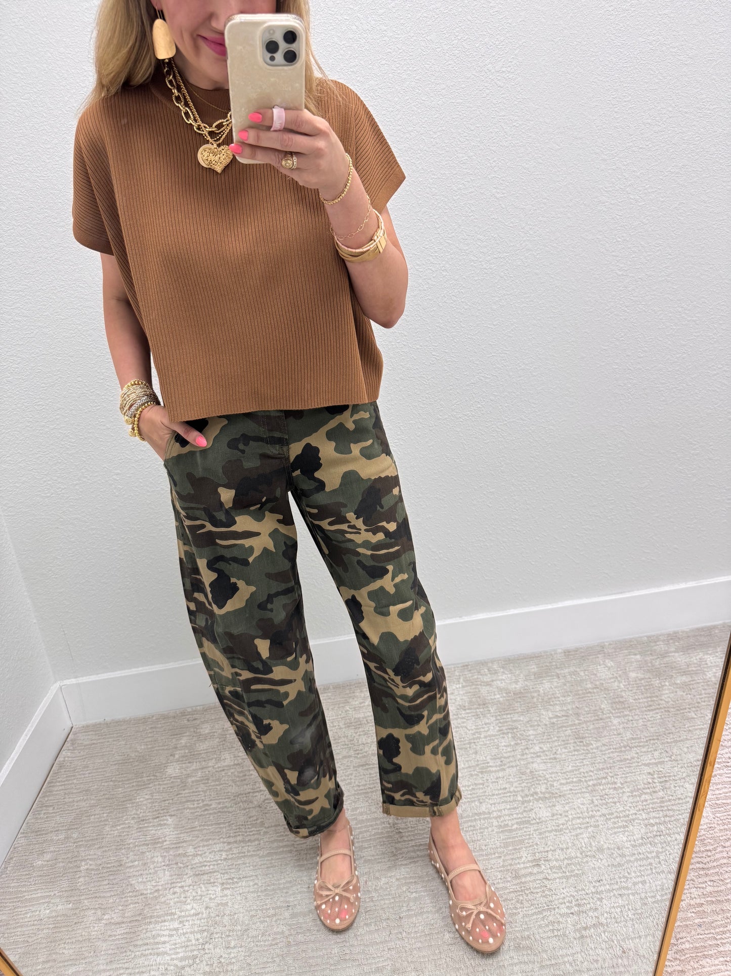 Deep Camel High Neck Ribbed Swing Top