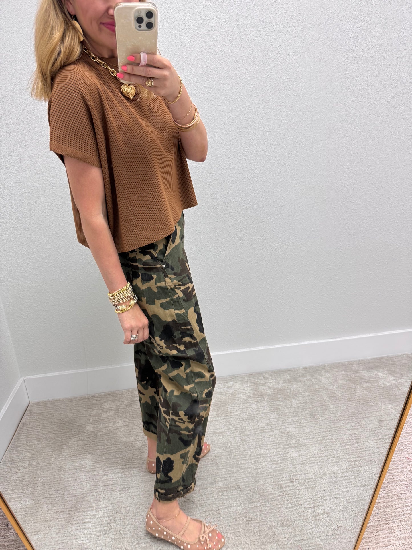 Deep Camel High Neck Ribbed Swing Top
