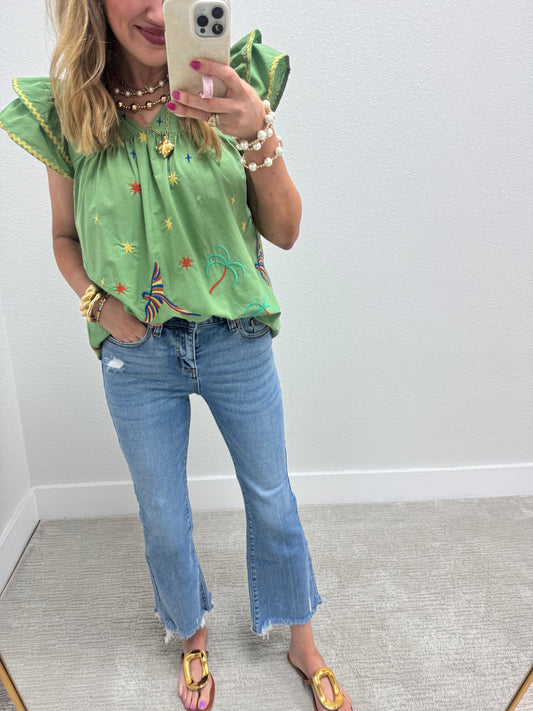 Sage Green Embroidered Top with Flutter Sleeves and RicRac Detail