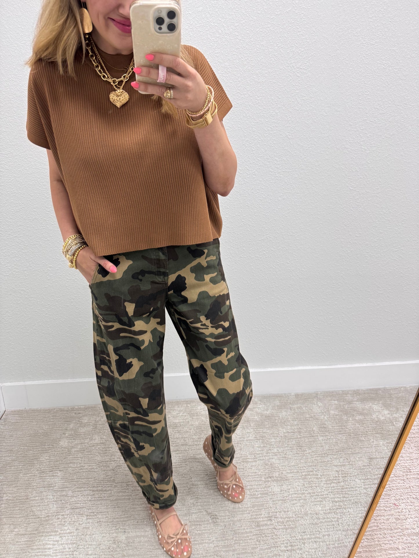 Deep Camel High Neck Ribbed Swing Top