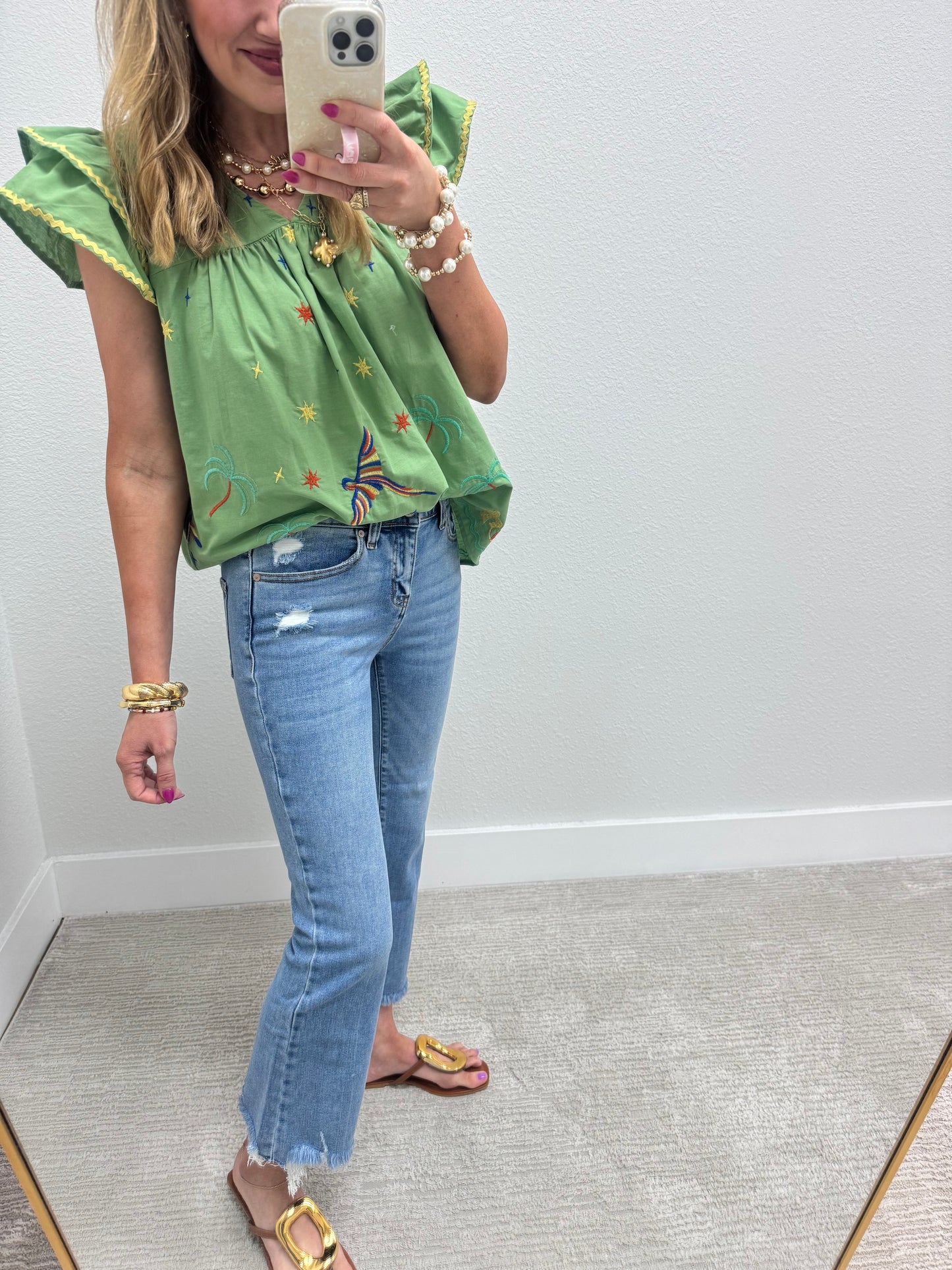 Sage Green Embroidered Top with Flutter Sleeves and RicRac Detail