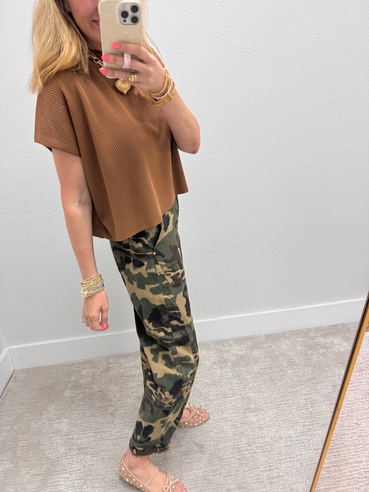 Deep Camel High Neck Ribbed Swing Top
