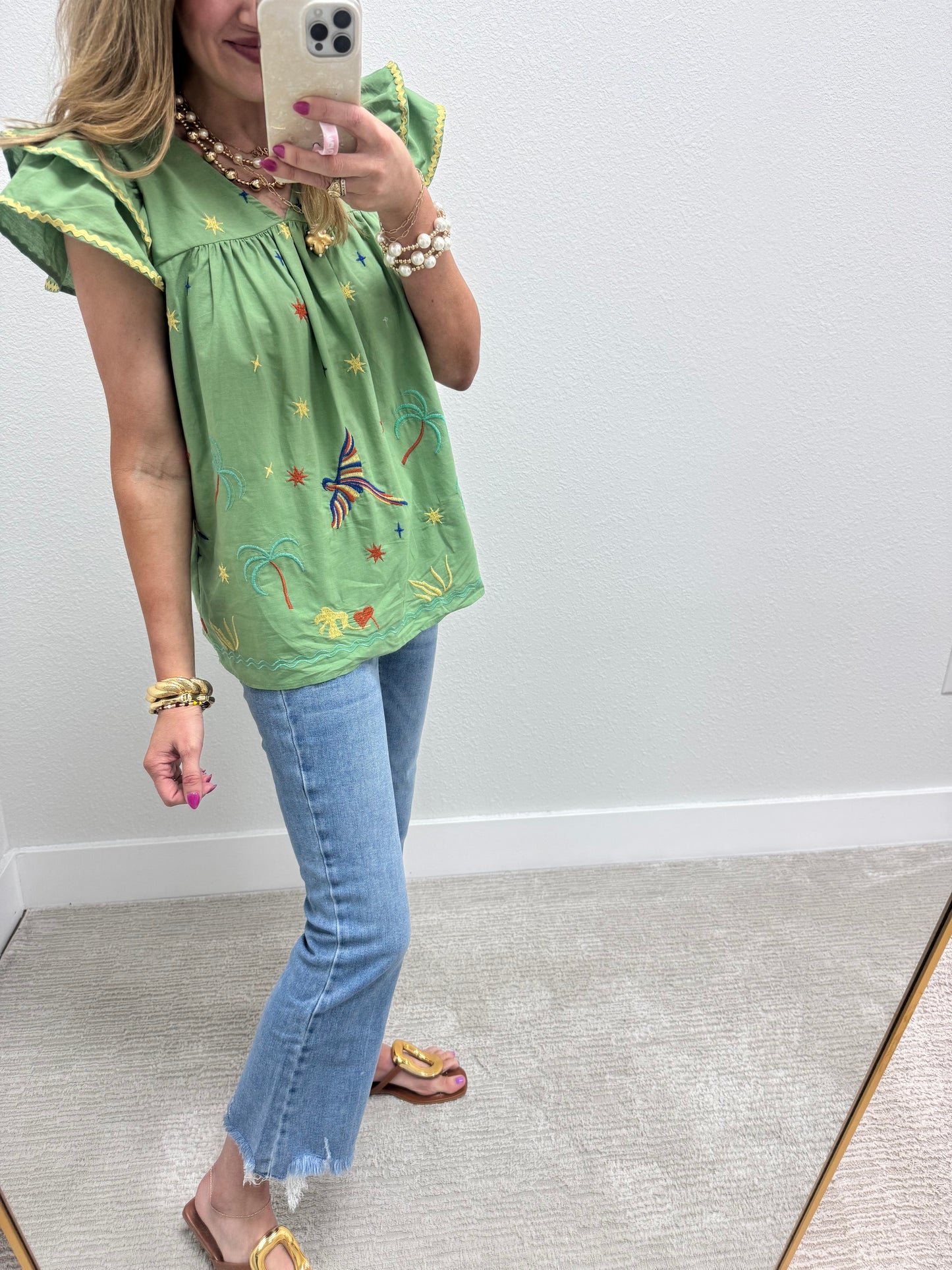 Sage Green Embroidered Top with Flutter Sleeves and RicRac Detail