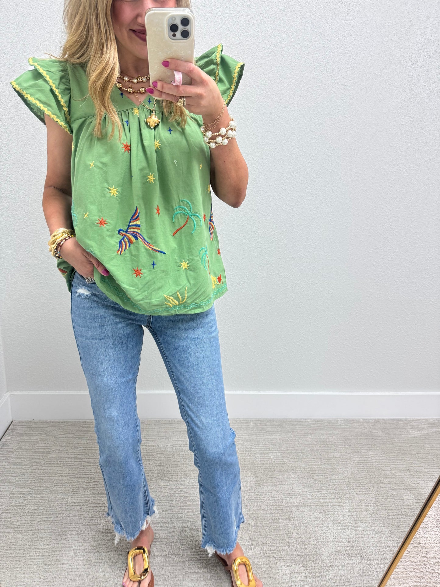 Sage Green Embroidered Top with Flutter Sleeves and RicRac Detail