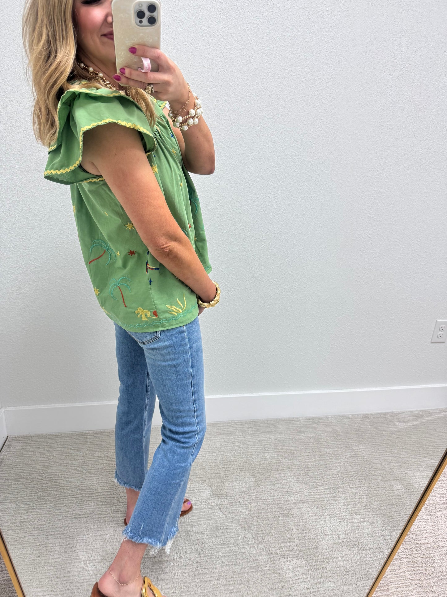 Sage Green Embroidered Top with Flutter Sleeves and RicRac Detail