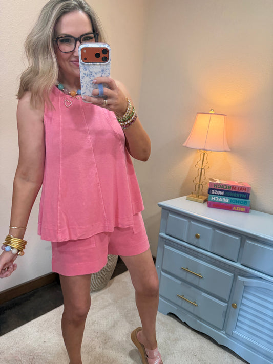 Strawberry Pink Sleeveless Round Neck Top & Shorts Set