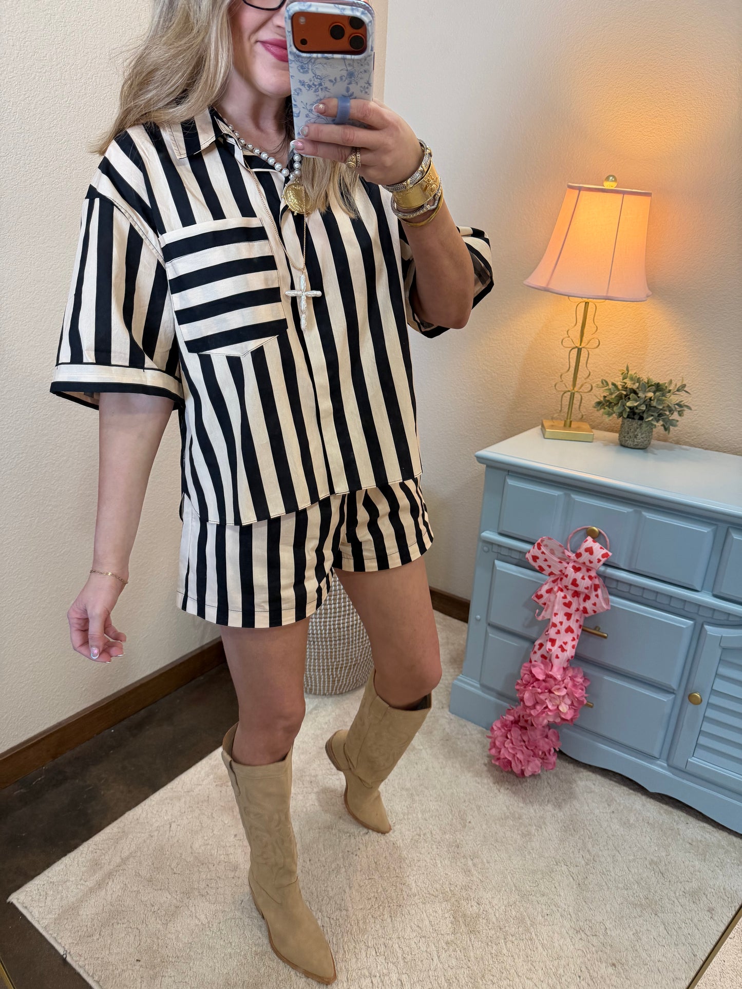 Black & Cream Stripe Collared Neck Short Set