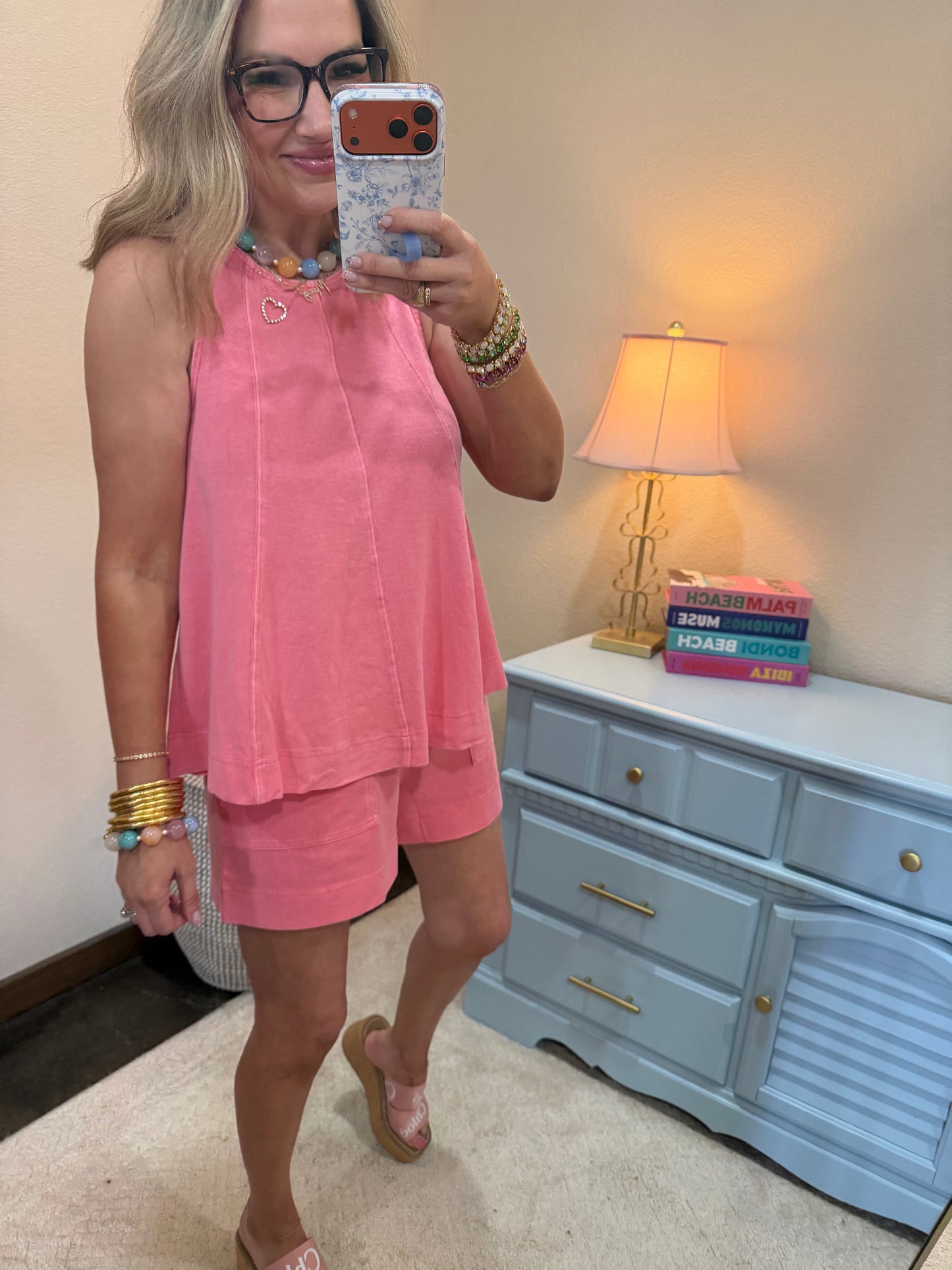 Strawberry Pink Sleeveless Round Neck Top & Shorts Set