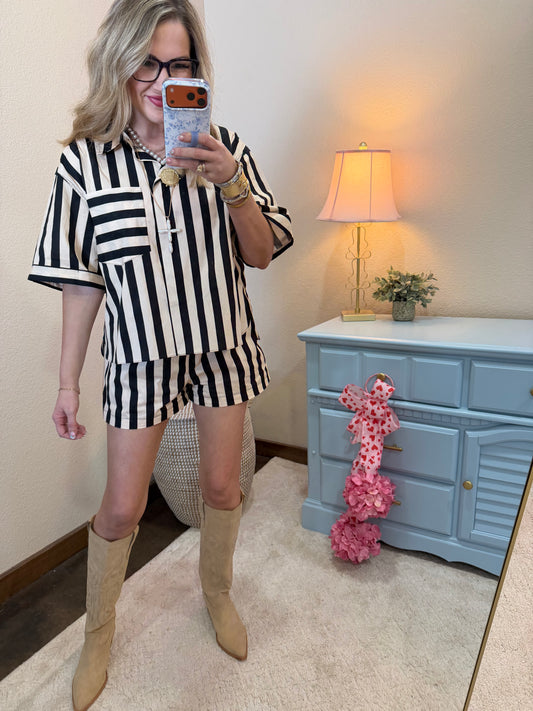 Black & Cream Stripe Collared Neck Short Set