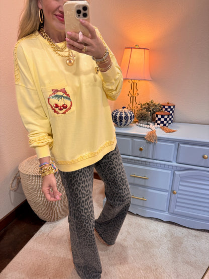 Lemon Cherry Printed Washed Terry Pullover