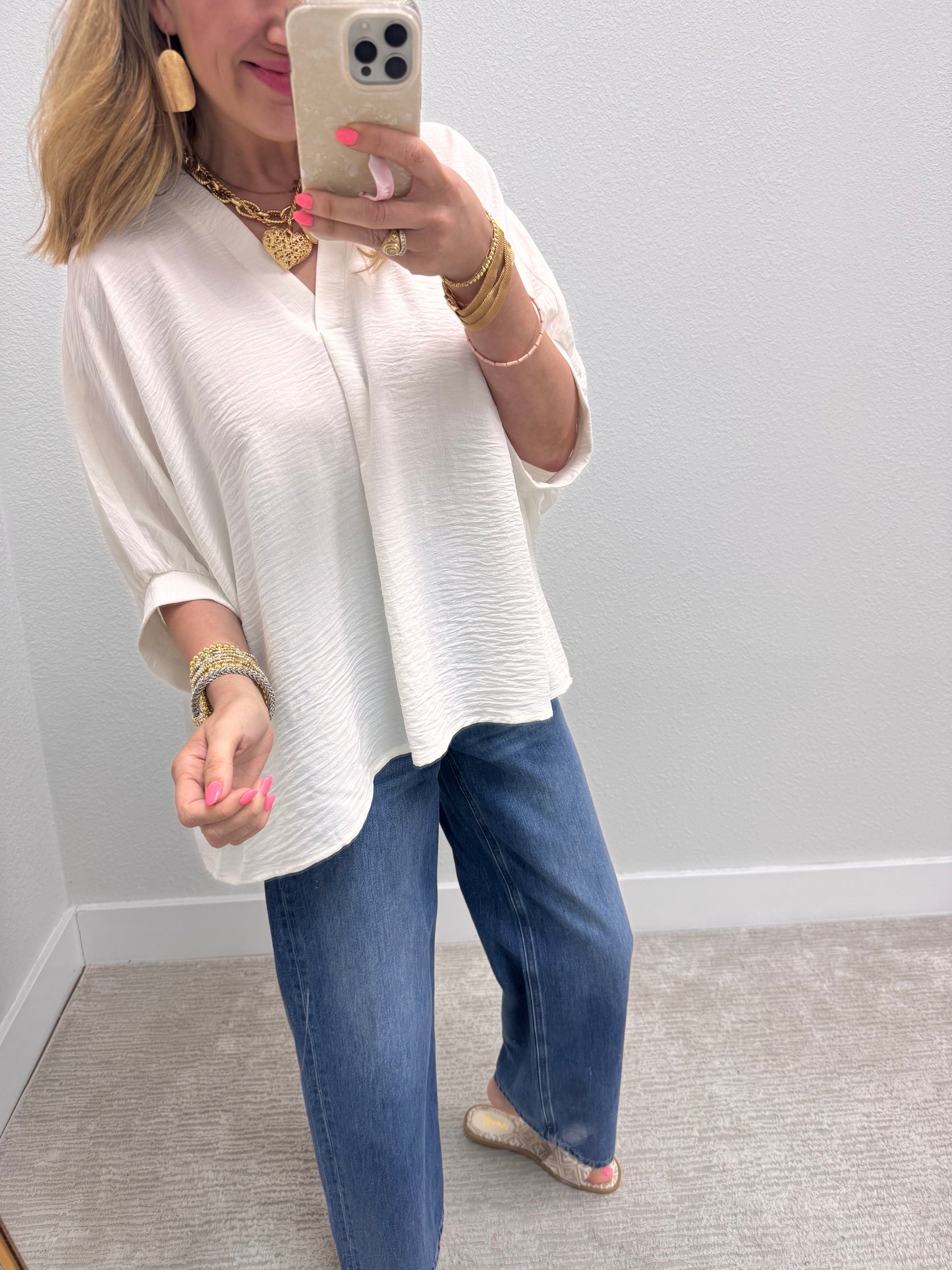 Off White V-Neck Dolman Sleeve Top
