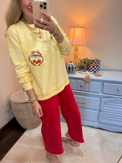 Lemon Cherry Printed Washed Terry Pullover