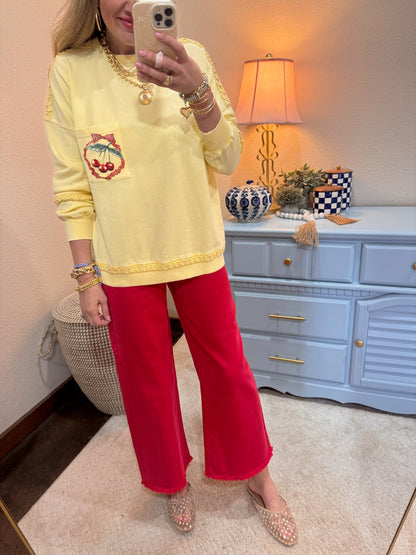 Lemon Cherry Printed Washed Terry Pullover